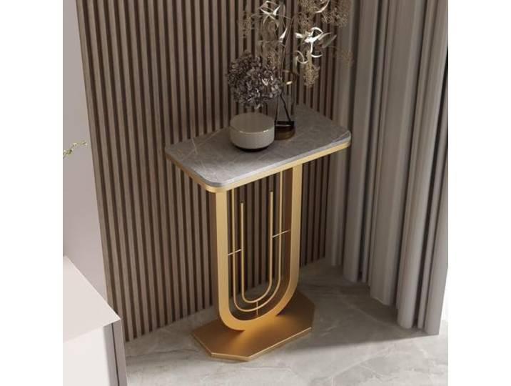 Schmaler Konsolentisch, Industrial-Design Flurtisch mit Metallrahmen Platzsparendes Design, Kratzfeste Tischplatte, Stabiles Metallgestell, Schnellaufbau(Gold+Gray2,15.7in(40cm))
