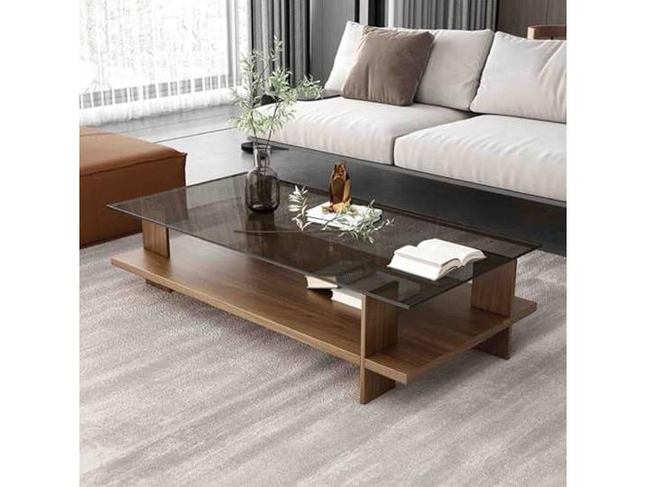 Couchtisch Glas mit Stauraum, Moderner Cocktailtisch, Mitteltisch für Das Wohnzimmer, Doppellagiger Couchtisch Rechteckigaus Klarem Glas und Walnussholzplatte, Einfache Montage(Brown,100x50cm/39.3x19.