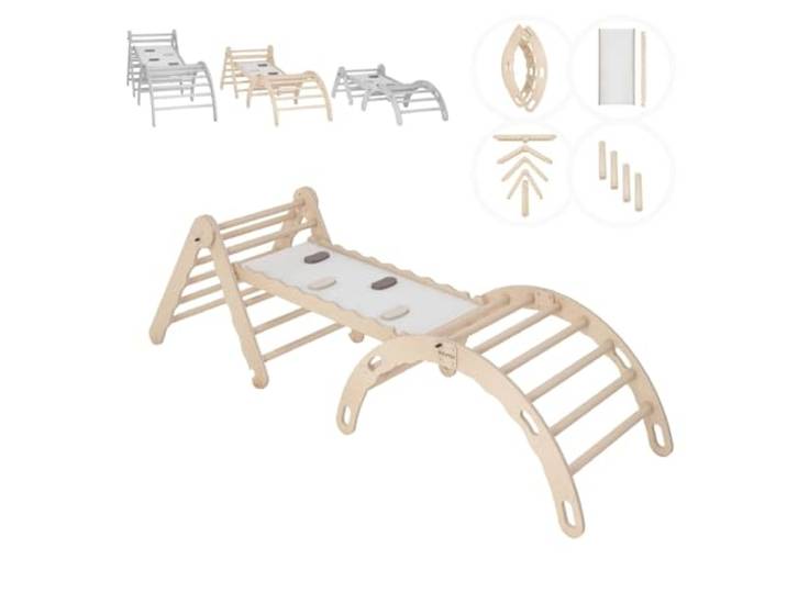 MAMOI® Set Klettergerüst Indoor – Kletterdreieck mit Rutsche aus Holz, Kletterbogen, Rutschbrett, Holzbogen für den Innenbereich