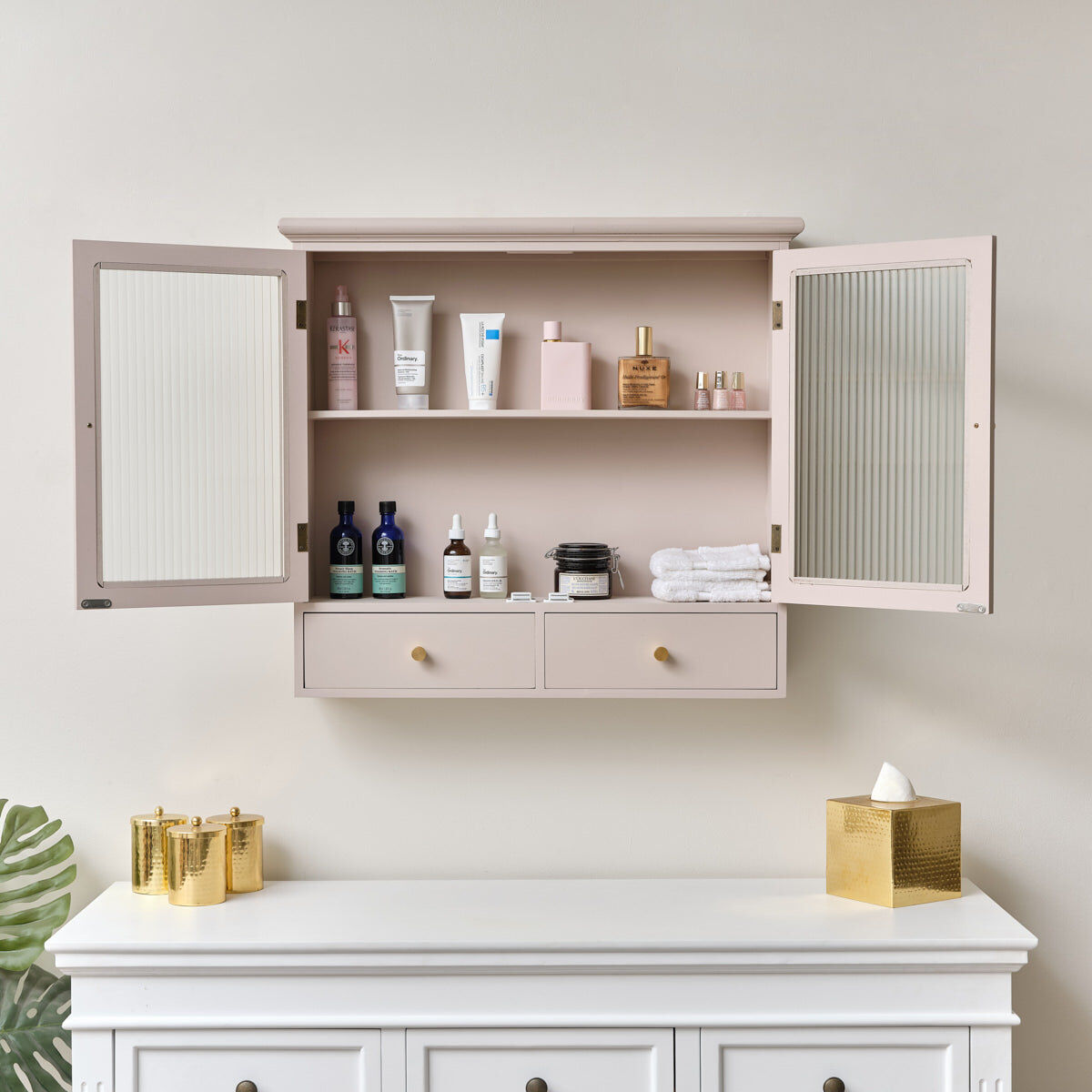 Pink Reeded Glass Wall Cabinet with Drawers Material: Home Decor & Accessories/Shelves & Storage