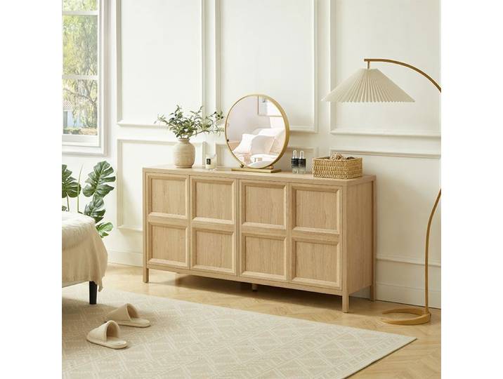 Buffet moderne 160x40x80 cm avec ouverture par pression fermeture douce et fixation anti-basculement - Effet chêne clair