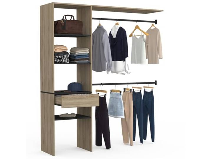 IDMarket - Kit dressing penderie MELINE 160 x 40 x 180 cm hêtre Avec double penderie + 4 étagères + 1 tiroir