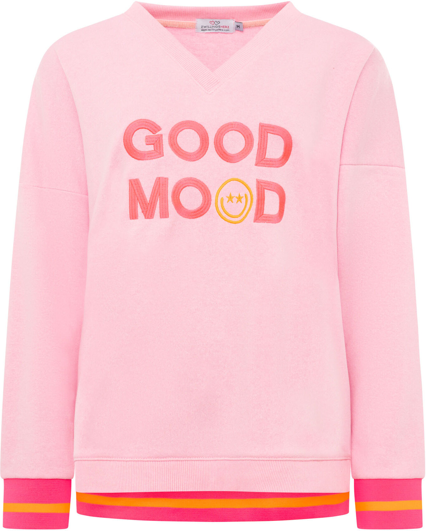 Sweatshirt ZWILLINGSHERZ "Dana", Damen, Gr. S/M, rosa, Sweatware, Obermaterial: 50% Baumwolle, 50% Polyester, unifarben mit Farbeinsätzen, normal hüftlang, V-Ausschnitt, Sweatshirts Sweatshirt, Neon-Bündchen, V-Ausschnitt, Langarm, Front-Stickerei rosa S/