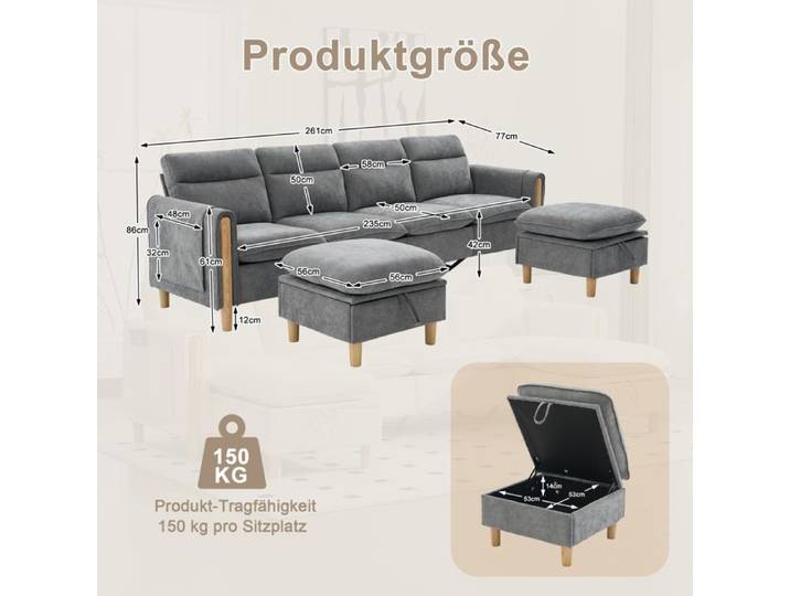 Canapé modulable 4 places - ZEVKOR - Modulable en U - Chenille gris clair - Coffres de rangement - Pieds en bois