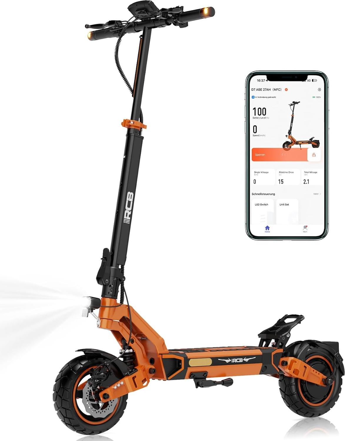 RCB D7 Pro Ultra E-Scooter mit Straßenzulassung bis 1600W 27Ah NFC Blinker App bis 120 km Reichweite 150 kg