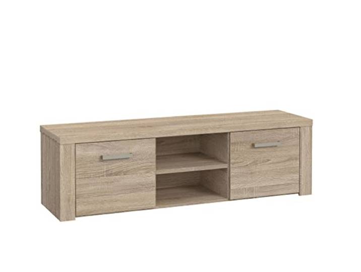 Newroom TV Lowboard Sonoma Eiche TV Schrank modern Wohnzimmer Fernsehtisch 2 Türen und 2 offene Fächer, Bügelgriff, stehendes TV Board, TV Bank, Holzoptik matt, für Konsole und Receiver