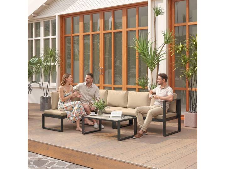 Salon de jardin - Salon de terrasse modulable 4 pièces - Kaki - Canapés d'angle & fauteuil - Coussins 10 cm