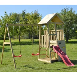 Wendi Toys Kinderspielhaus, Kletterturm "Flamingo" mit Rutsche, Kletterwand, Sitzecke und 2 Schaukeln,holz / rot,