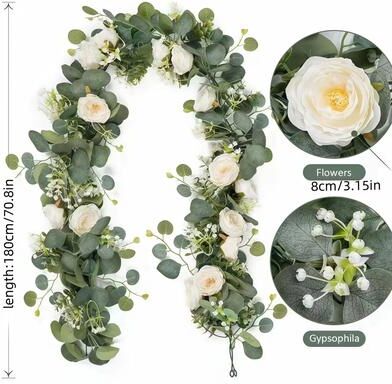 Evergreen Home Goods Lifelike Artificial Eucalyptus Vine Garland, With Fake Rose Flowers, Gypsophila, For Wedding, Party, Home Table Runner white 2pcs