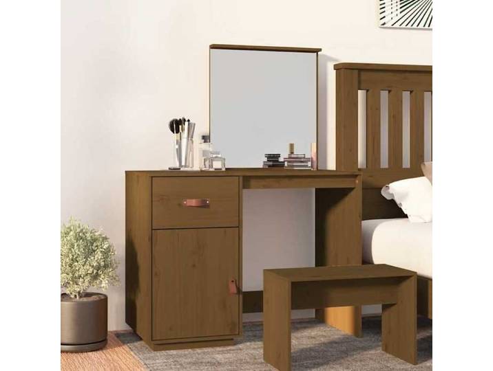 Coiffeuse marron miel 95x50x134 cm bois pin massif meuble beauté teinte chaude style classique