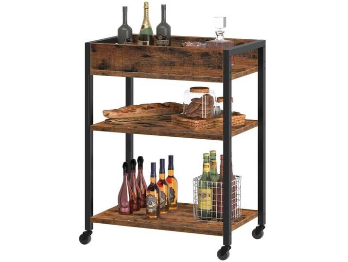 HOOBRO Chariot de Service Desserte 3 Niveaux Étagère de Cuisine 64 x 40 x 85 cm Marron Rustique et Noir
