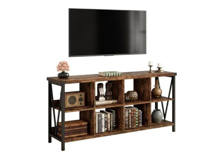 GarveeHome TV-Schrank 158 cm, Sideboard & TV-Bank mit 8 offenen Fächern, Lowboard Regal Würfelregal, Fernsehschrank aus Holz mit Metallrahmen für Wohnzimmer, Vintage Braun
