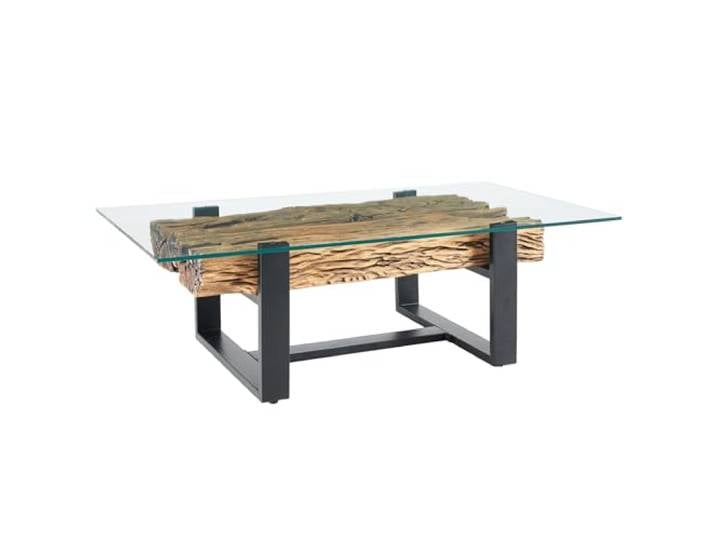 Riess Ambiente Couchtisch Barracuda - 130x70cm - Natur - Glas Teakholz Gestell: schwarz, individuelle Maserung, Sicherheitsglas, Industrial Design