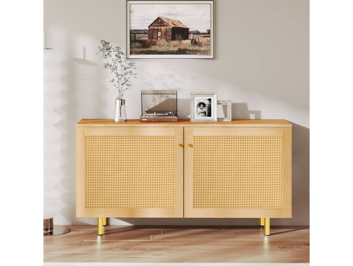 Buffet en osier - Double porte - Aspect bois naturel - Rotin tressé - 120x40x63 cm - Poignées dorées