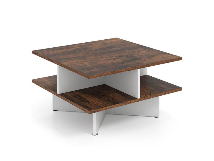 Table basse en bois, table de salon carrée avec 4 étagères, table d'appoint, table basse de style ferme avec base croisée