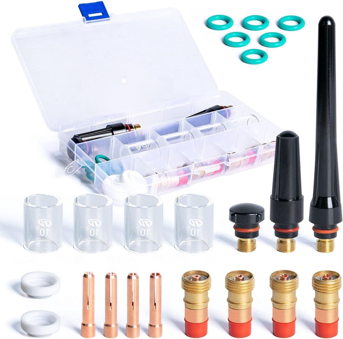 23-delige TIG Lasapparaat Accessoires Set met Opslagdoos voor WP-17/18/26 Laspistool, inclusief Pyrex Glas, O-ringen en Gaslens Onderdelen