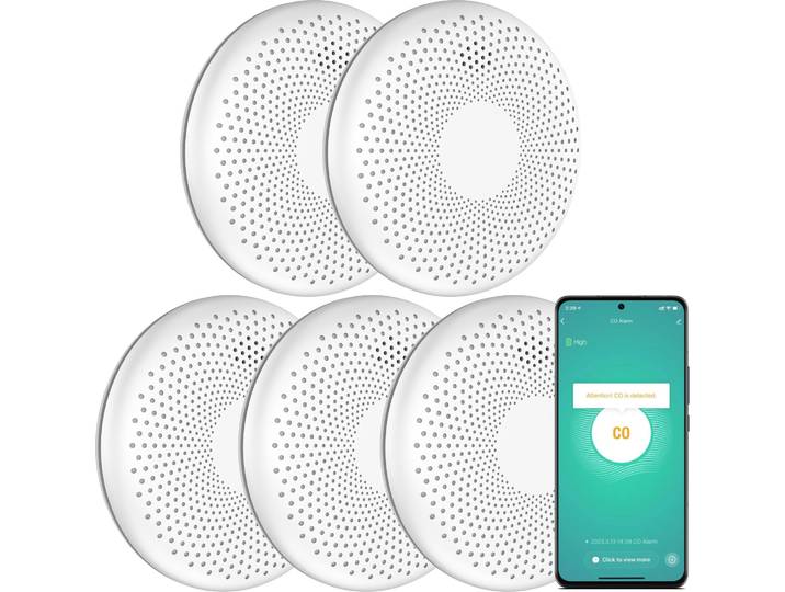 Aroha Smart Connect Détecteur Combiné avec Fumée & Monoxyde de Carbone Connecte - Batterie 10 Ans - Alarme Incendie & CO\, Tuya\, Smartlife - 5 pièces