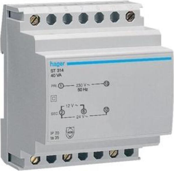 Hager Veiligheidstransformator 230V/12+24V ST314, 40VA, 4-polig