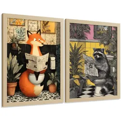 POSTER 2er-Set dekorative Badezimmer-Kunstdrucke, künstlerische für Wand, Waschbecken, Toilette mit Tieren auf der Toilette, Vintage Rahmenlos A4