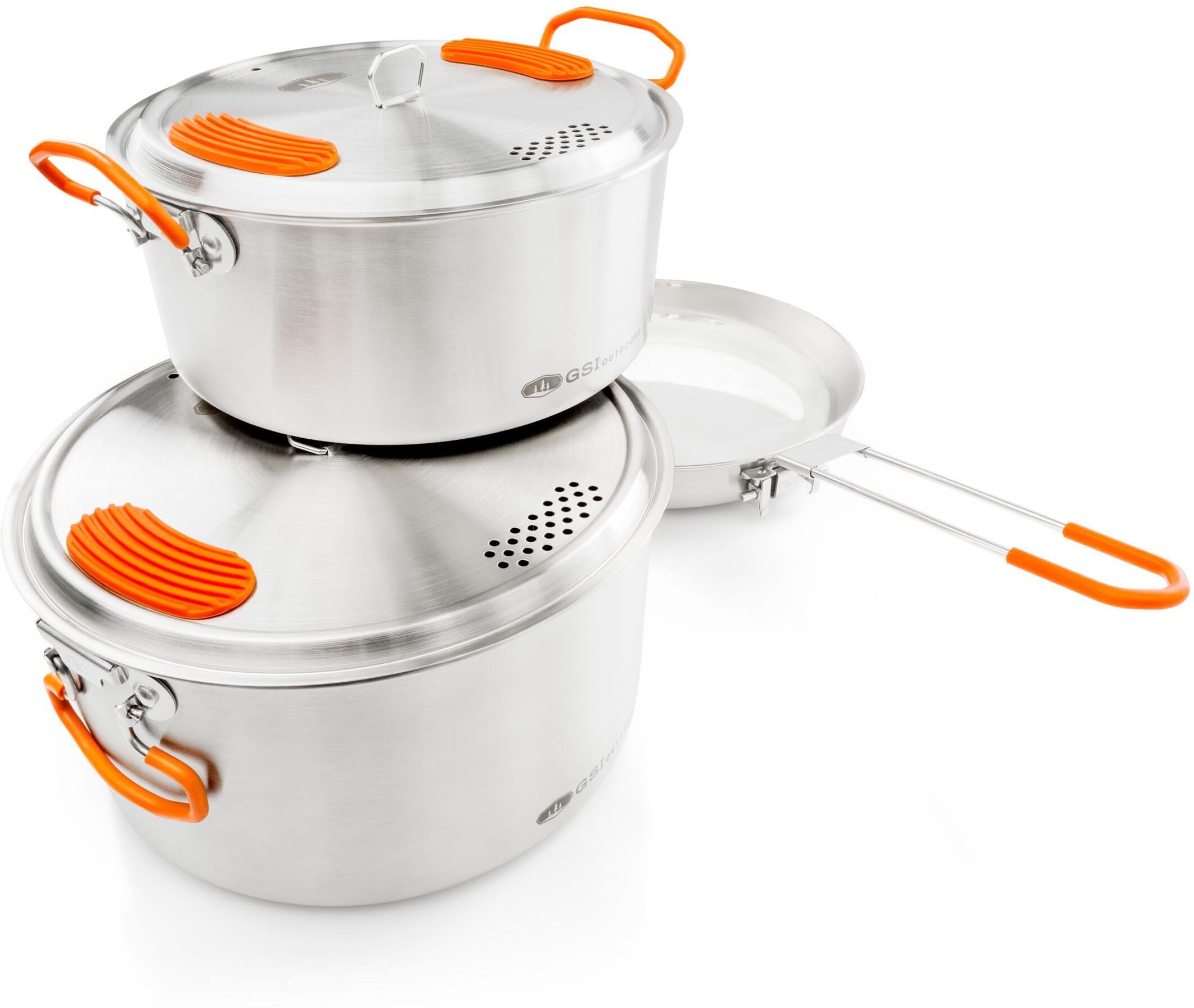 Geschirr-Set GSI OUTDOORS "Glacier Stainless Base Camper Medium", orange (orange, silberfarben), Geschirr-Sets, Edelstahl, Silikon, Geschirr-Set orange, silberfarben Einheitsgröße