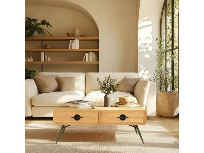 HELENA - Table basse 2 tiroirs pin couleur naturelle pieds métal vert HELENA