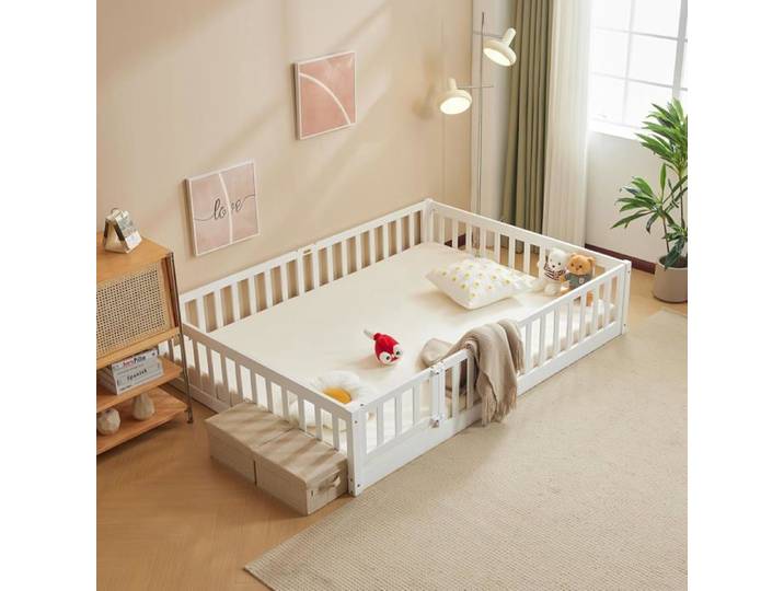 Lit enfant - LALAHO - 140x200 - Barrière de sécurité amovible - Porte intégrée - Sommier à lattes inclus