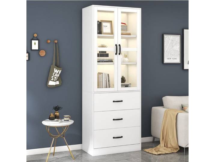 Vitrine blanche 60 x 40 x 200 cm - portes vitrées LED USB 3 tiroirs étagères réglables poignées noires