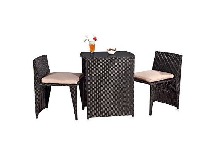Melko Gartenmöbel Set Balkonmöbel 3-teilig zusammenschiebbar Polyrattan Tisch mit Glasplatte 64x49x73 cm, 2 Stühle mit Kissen, wetterfest, platzsparend für kleine Balkone, Terrassen und Gärten