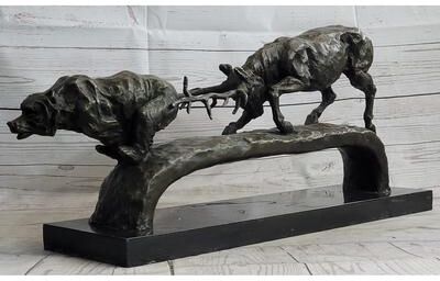 Bronzhaus Elk Reindeer Caribou Vs. Bear Bronze Sculpture Statue Wildlife Original Art Decor