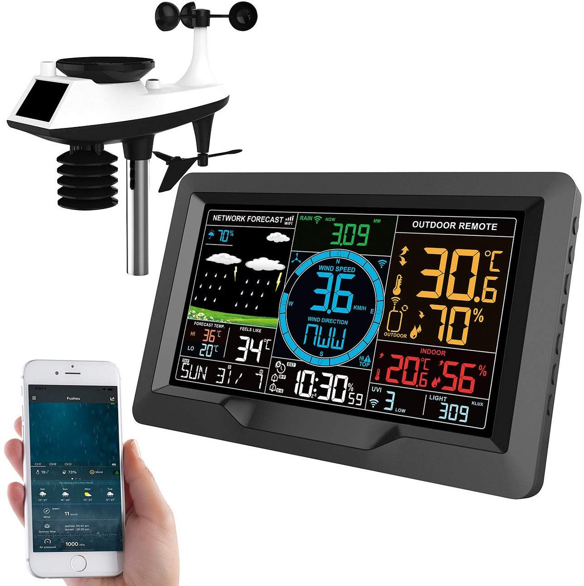 Slim weerstation FWS-1200 met groot kleurenscherm, zwart