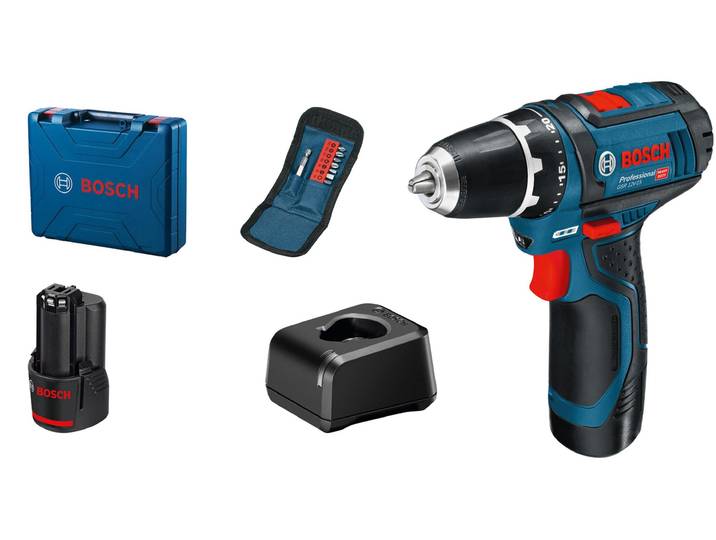 Perceuse-visseuse sans-fil BOSCH GSR 12V-15 + 10 accessoires + 2 batterie GBA 12V 2\,0Ah + chargeur GAL 12V-20 + Coffret - 060186810G