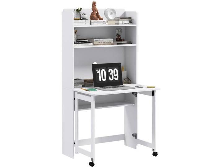 ComfortXL Computertisch De-14871 klappbare Tischplatte & Rollen Weiß, 80x155x69 cm, Büromöbel, Schreibtische, Computertische