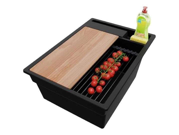 PRIMAGRAN Spülbecken ab 40er Unterschrank + Ablauf-Set, 38x53cm Set: Ablauf-Set (Siphon, Ablaufgarnitur, Überlauf) + Granitspüle 1 Becken - Oslo Pocket, Alles Schwarz