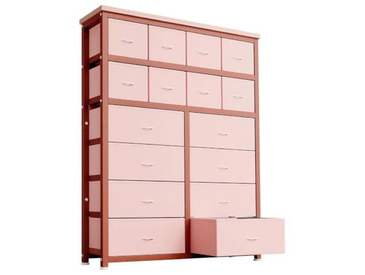 AffinityFurn Hohe Kommode in Rosa für Schlafzimmer, 16 Schubladen aus Stoff mit geräumiger Aufbewahrung für Kleidung und Zubehör, vertikales Aufbewahrungsmöbel für kleines Schlafzimmer (Rosa)