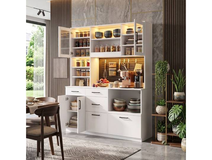 Buffet de Cuisine 105x185cm Grand espace de rangement & Prise intégrée Design soigné avec LED Panneau perforé Blanc