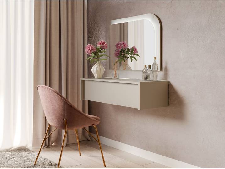 Schminktisch GOODPRODUCT NAANCY wandhängender Frisiertisch mit Spiegel, Beleuchtung, cashmere , beige (cashmere), B:93cm H:23,2cm T:35cm, Tische, Schminktisch, KOOSmetiktisch mit Schublade, LED, Soft-Close, B/T/H 93/35/23,2 cm