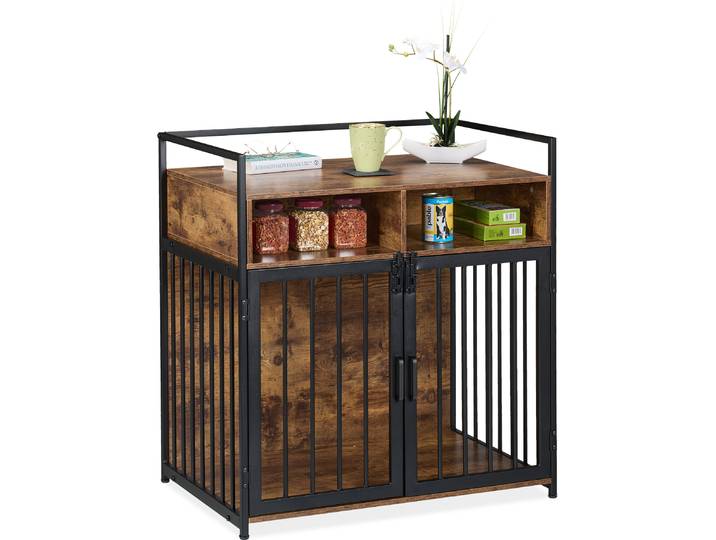 Cage pour chien Relaxdays de style meuble\, dimensions intérieures : 85 x 80 x 54 cm\, cage pour chien avec tablette\, 2 portes\, armoire pour chien aspect bois\, marron-noir