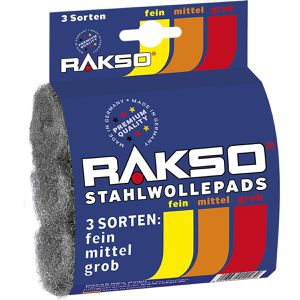 RAKSO Stahlwolle 020233, Pads, fein 00, mittel 1, grob 3, zum Reinigen, Polieren und Schleifen, 3 Stück