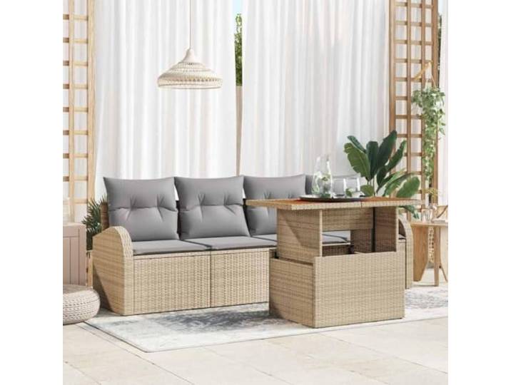 HEFZGDB Garten-Sofa-Set 5 pcs mit Kissen in Beige und Hellgrau, Rattan Outdoor Rattanmöbel für Terrasse und Balkon, Esszimmer-Set mit Stauraum und Tisch
