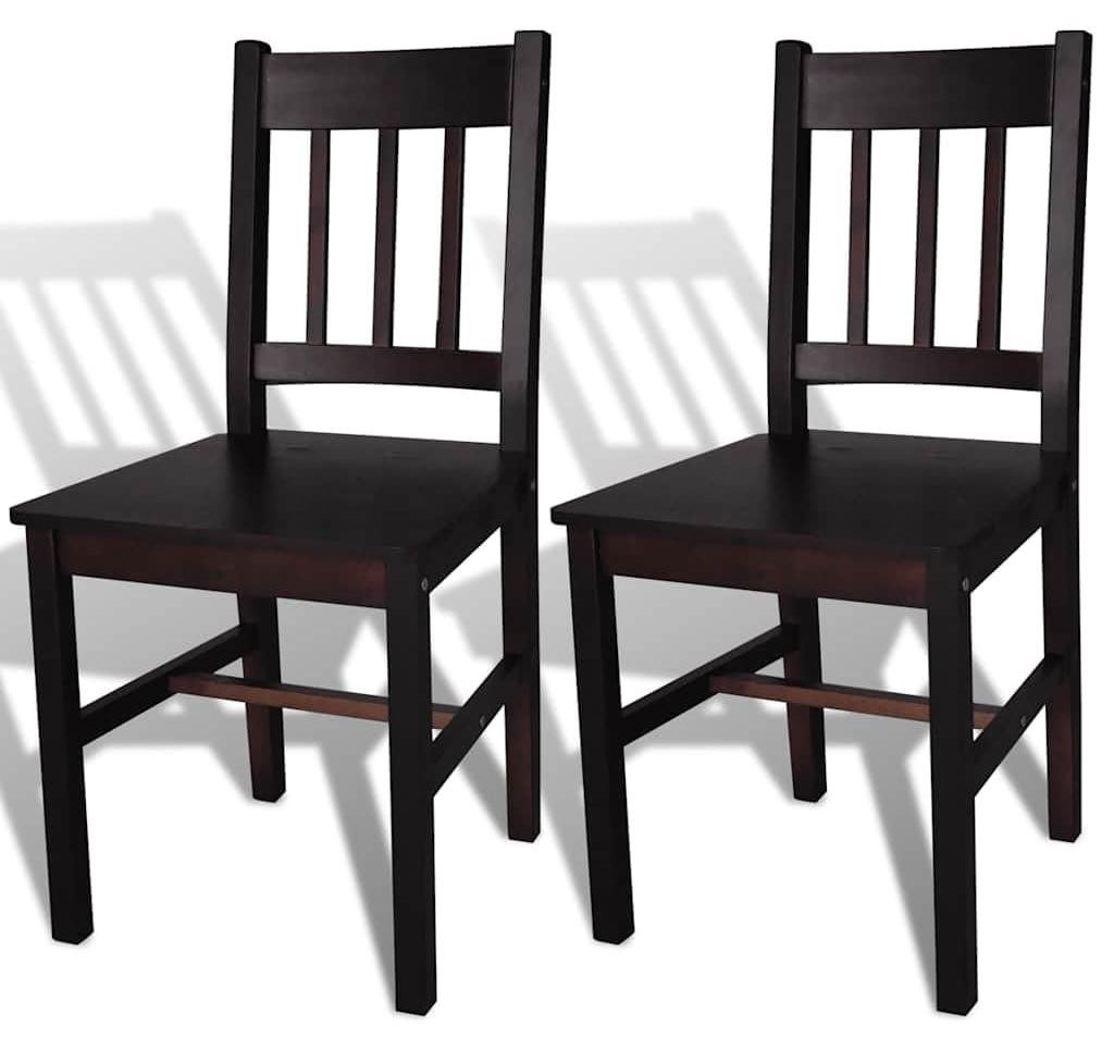 Set van 2 donkerbruine eetkamerstoelen van massief grenenhout