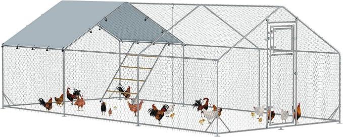 Hühnerstall ca. 3 x 6 x 2 m Freilaufgehege aus Verzinktem Stahl Hühnerkäfig mit UV-beständiger Dachabdeckung Futtertür Hängefütterung Sitzstange Hühnergehege für 18-24 Hühner Kleintiere Silber
