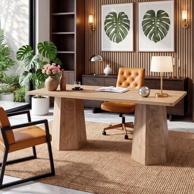 BLUEBELL "62.6"" Wooden Home Office Executive Computer Desk, Rustic Modern Large Workstation with Trapezoidal Legs"