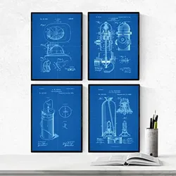 POSTER Set mit 4 Blau Feuerwehr Patent A4 Rahmenlos