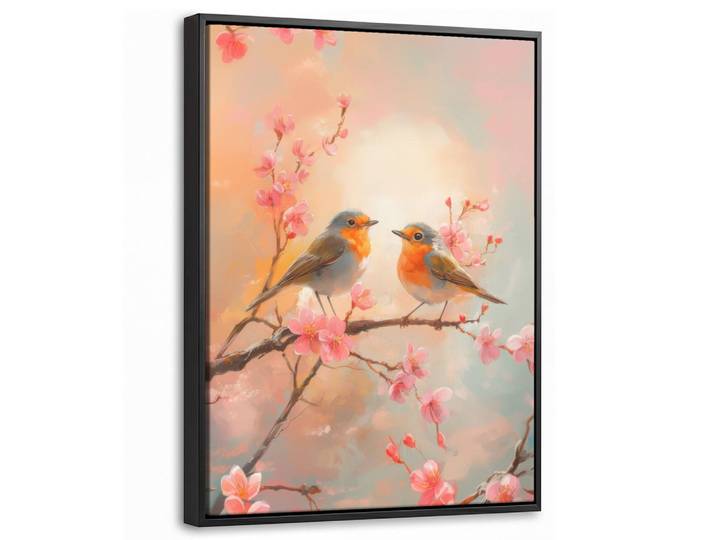 MuchoWow Leinwand Bilder mit Rahmen - Rotkehlchen - Zierpflanze - Blütenzweig - 30x40, Hellrosa, Rechteckig, 30x40 cm, gerahmt, Bilder & Rahmen, Bilder, Leinwandbilder