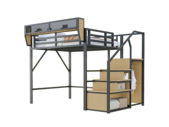 Lit mezzanine 140 x 200 cm en métal et MDF noir échelle de sécurité et étagère modulable