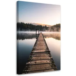 LEINWANDBILD Aussicht Steg See Wald im Nebel 60x90cm