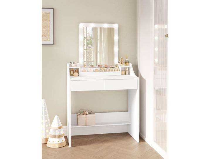 Coiffeuse avec Eclairage LED 80cm Luminosité Réglable Coiffeuse avec Miroir 2 Tiroirs et 2 Compartiments Ouverts Moderne Blanc