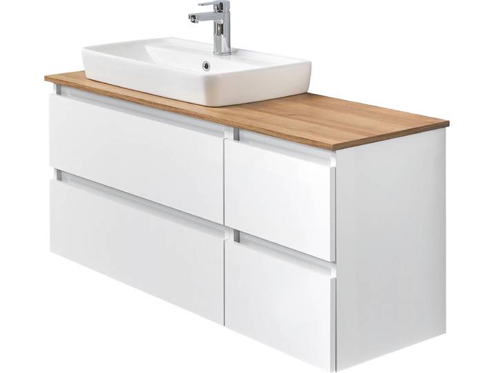Waschtisch SAPHIR Quickset 360 Waschplatz mit Keramik-Aufsatzbecken, wandhängend , weiss (weiß glanz, weiß glanz), B:113cm H:64,2cm T:50cm, Holzwerkstoff, Keramik, Waschtische, Waschtisch, Waschtischplatte, 113 cm breit, Weiss Glanz, 4 Schubladen