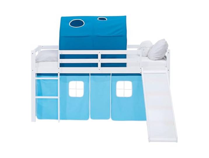 Homestyle4u Hochbett 90x200 mit Rutsche, Matratze, Lattenrost, Weiß Massivholz Kiefer Spielbett inkl. Tunnel & Vorhang Blau - Sicheres Kinderbett mit Absturzsicherung - Leiter & Rutsche