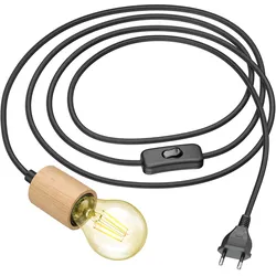 ledscom.de Textilkabel KIVO, schwarz, 3m, Echtholz E27 Fassung, Stecker, Schalter, inkl. LED Lampe, 471lm, extra warmweiß